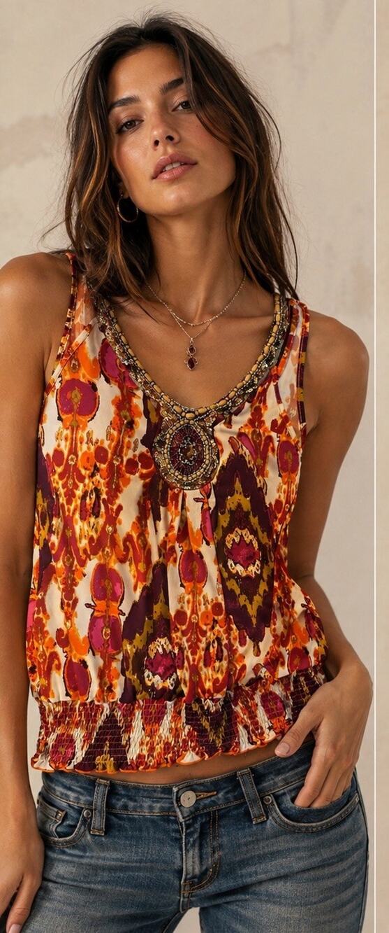 Y2K Sleeveless Blouse Beaded Size Small Studio Y Hippie Aztec Western Festival
